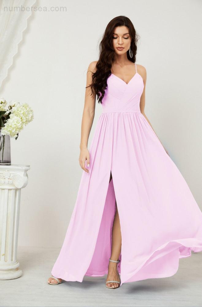 Neck Bridesmaid Dresses Chiffon Long Spaghetti A-line Formal Prom Gown for Wedding Party Evening 2801