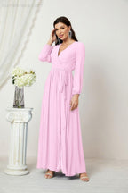 Evening Dresses Deep V-Neck Chiffon Bridesmaid Dresses Long Bishop Sleeve Side Split Formal Dress 2806