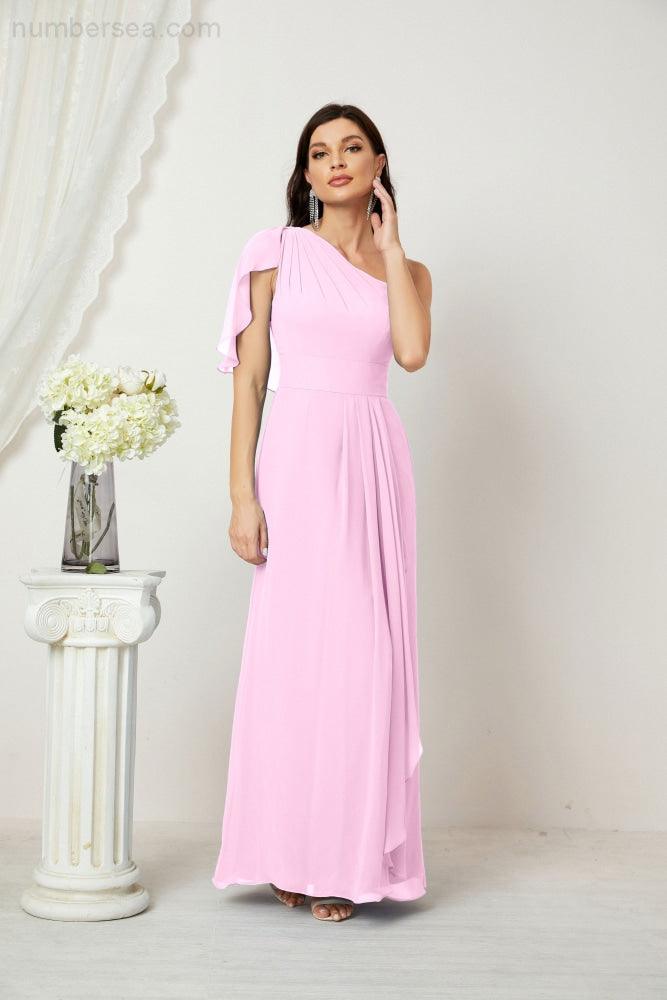 Chiffon Ruffled One Shoulder Long Bridesmaid Dresses A-line Formal Evening Gown Side Split 2809