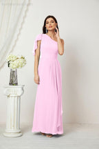 Chiffon Ruffled One Shoulder Long Bridesmaid Dresses A-line Formal Evening Gown Side Split 2809