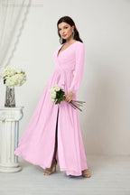 Evening Dresses Deep V-Neck Chiffon Bridesmaid Dresses Long Bishop Sleeve Side Split Formal Dress 2806