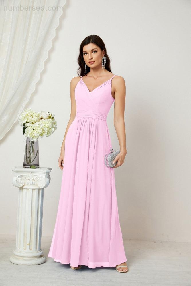 Chiffon V-Neck Bridesmaid Dress Spaghetti Strap Long Formal Party Prom Gowns with Slit 28010