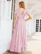 Ruffled Bridesmaid Dresses with Sleeves Long Formal Party Dress 28041