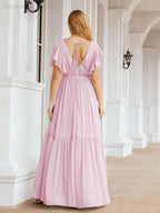 Abiti da sera formali da donna Numbersea con schiena scoperta, scollo a V, lunghi in chiffon, abiti da damigella con cintura in vita 28038