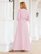 Vestito da damigella d'onore in chiffon da donna Numbersea, linea a trapezio, maniche lunghe, abito lungo formale da sera per ospite di matrimonio 28032