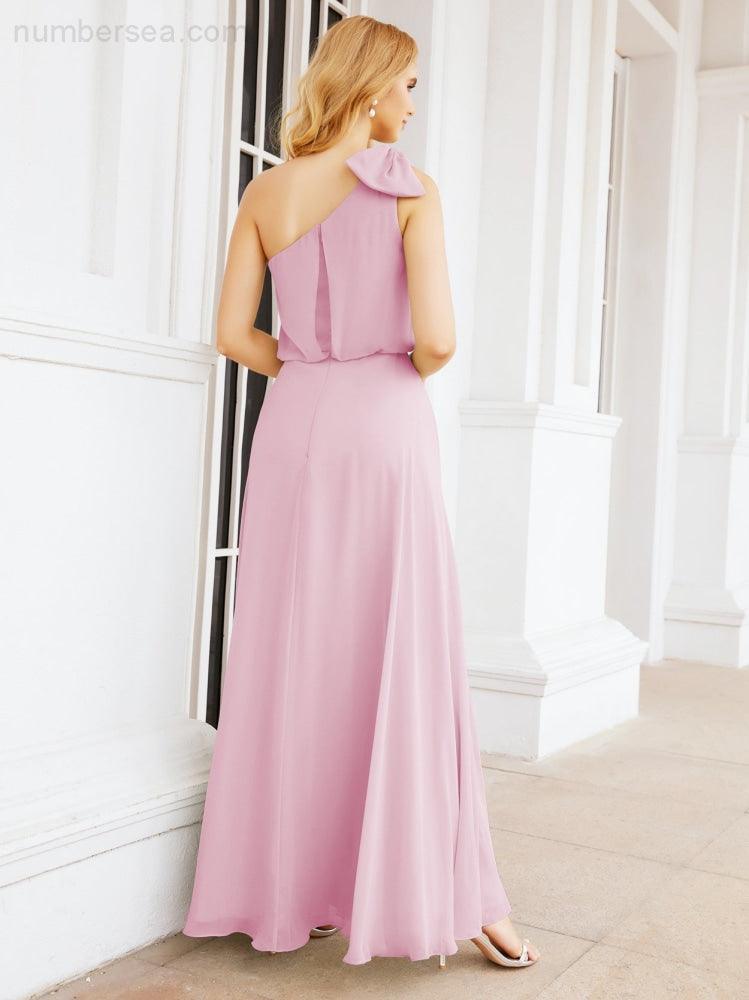Chiffon Ruffled One Shoulder Sleeveless Long Bride Dresses A-line Formal Evening Gown Side Split 28057