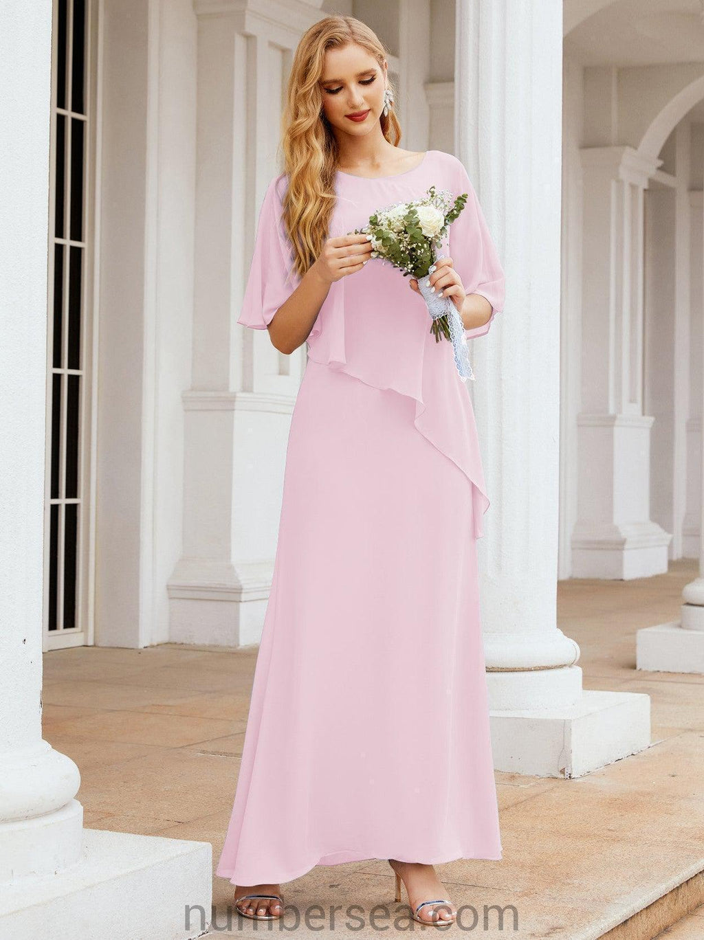 Numbersea Festliches Abendkleid Lang Mutter der Braut Kleid mit Rüschencape 28026