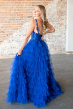 Roycebridal Avah | Langes Ballkleid in A-Linie mit Blumenmuster und Lagen aus Tüll in Fuchsia