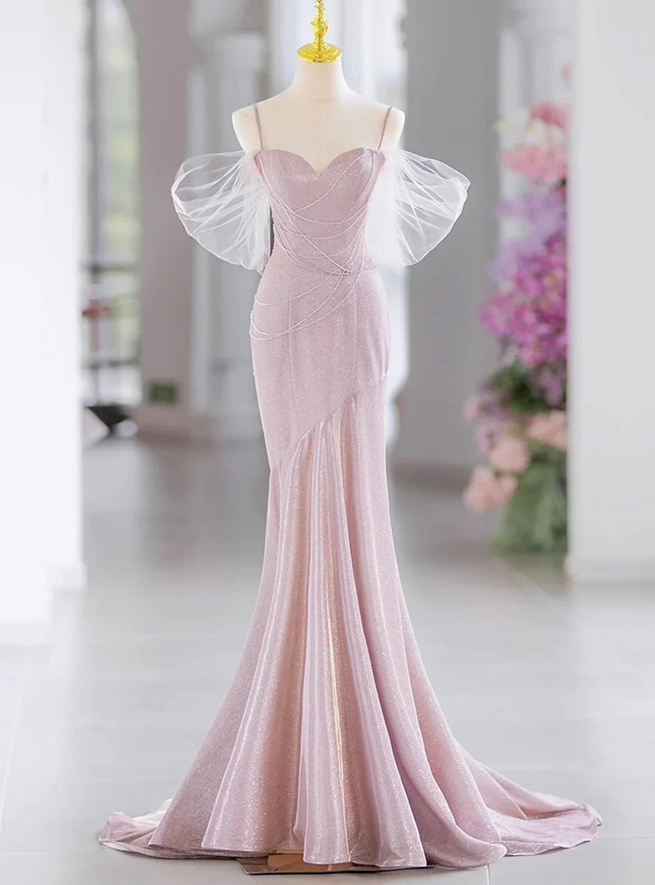 Vestido de fiesta y noche elegante rosa con tirantes finos y cuentas estilo sirena Y7615