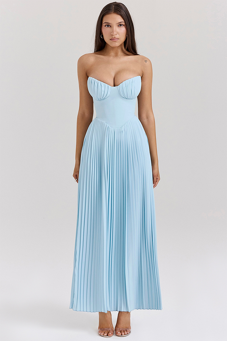 Robe longue plissée à taille cintrée sans bretelles - Bleue - Précommande