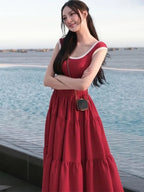 Robe longue rétro fine TARUXY pour femme, été 2024, manches courtes, taille haute, robe de soirée élégante pour dame, maxi femme