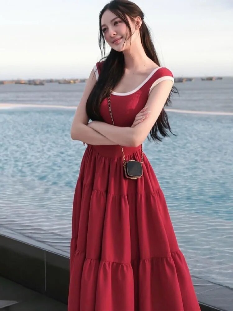 Robe longue rétro fine TARUXY pour femme, été 2024, manches courtes, taille haute, robe de soirée élégante pour dame, maxi femme