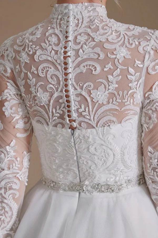 Luxury Long Sleeves A Line High Neck Wedding Dress With Tulle Lace