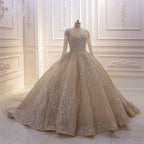 Beautiful Long Sleeve V Neck Ball Gown Wedding Dress With Sequins Beads Ruffles