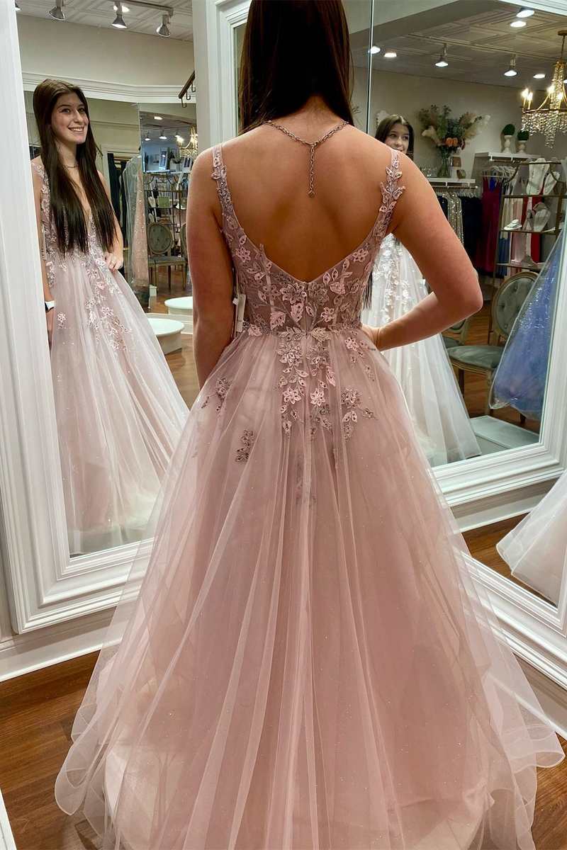 Robe de bal en dentelle florale à décolleté plongeant, dos nu en V, coupe évasée