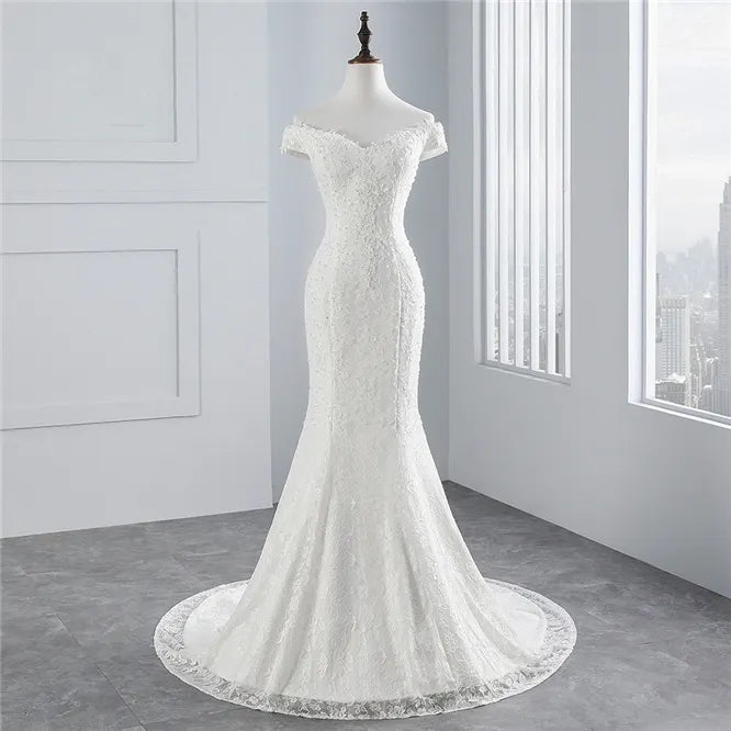 Off Shoulder Lace Mermaid Wedding Dress Floor Length Bridal Gown