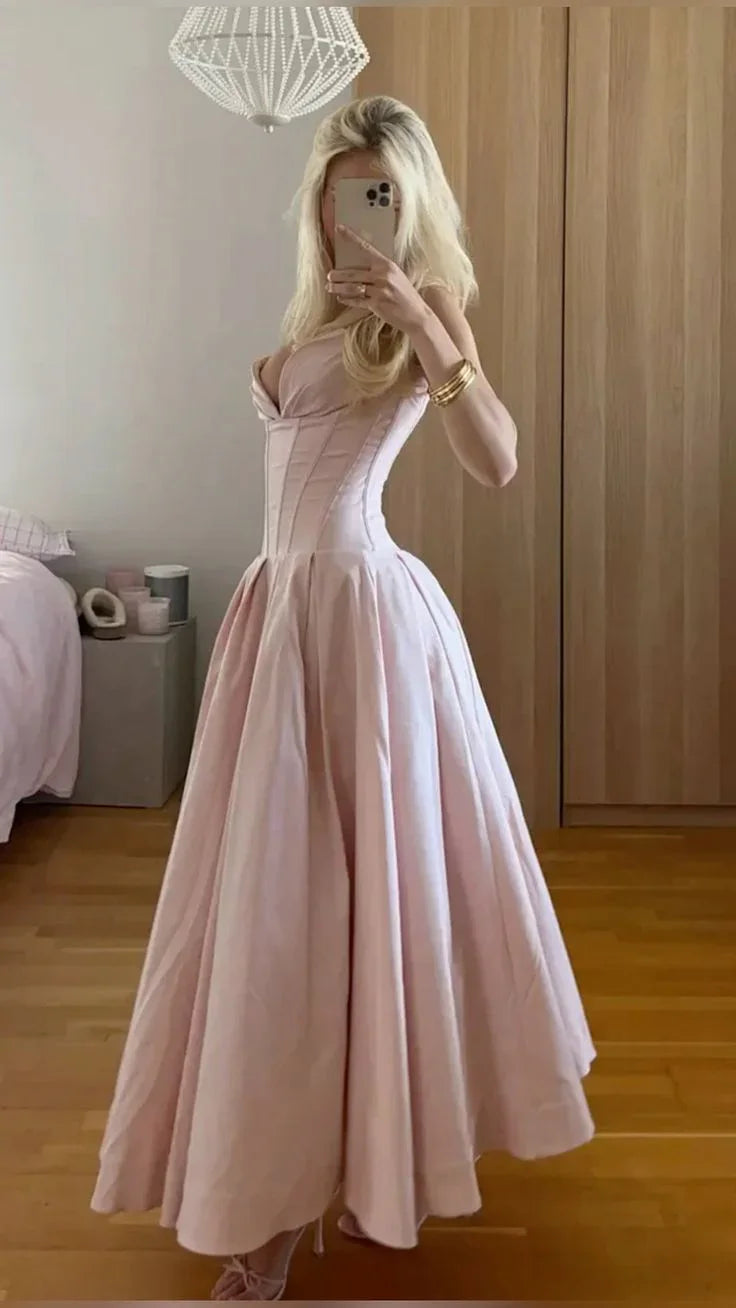 Abito lungo da sera elegante rosa senza spalline a linea ad A Abito da ballo Abbigliamento per compleanno Y7531