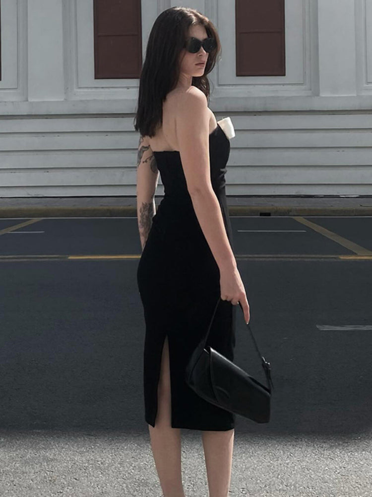 Vestido Longo Preto com Laço de Emenda TARUXY para Mulheres, Decote Ombro a Fora, Fenda Sexy, Ajustado ao Corpo, Elegante para Casamento, Festa ou Noite