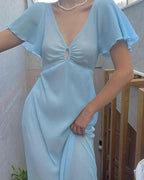 Vestido largo sencillo azul para fiesta Vestido de noche azul Y7019