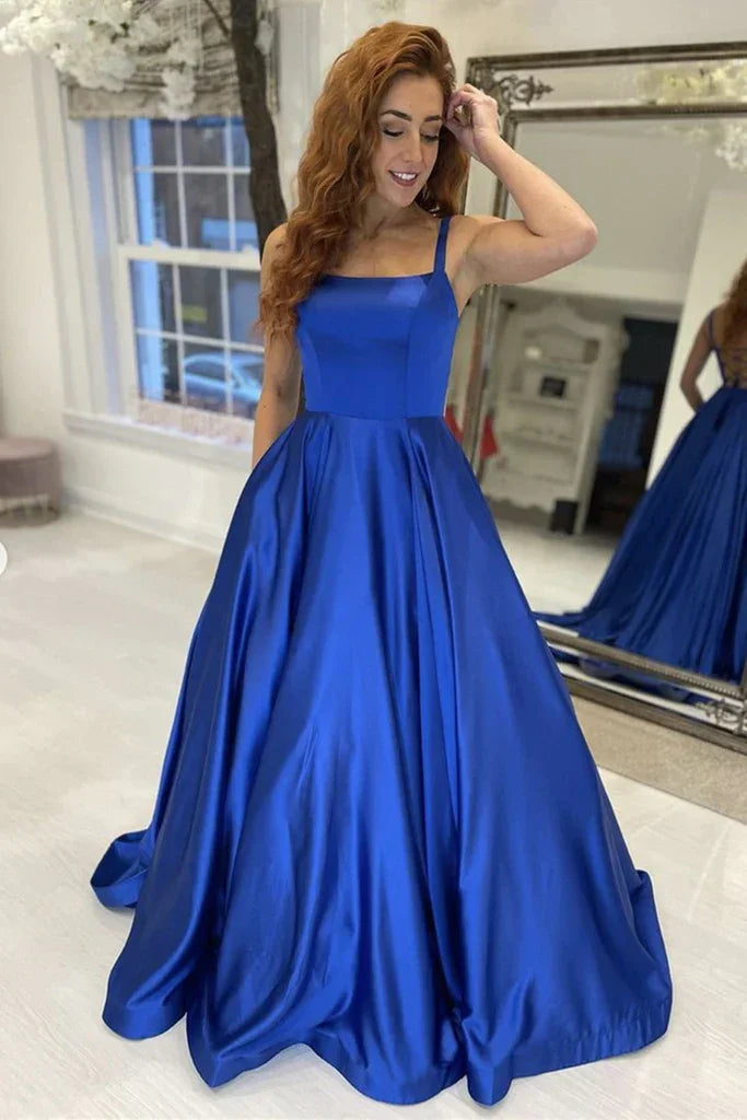 Einfaches A-Linien-Kleid aus königsblauem Satin, langes blaues festliches Abschlussballkleid Y225