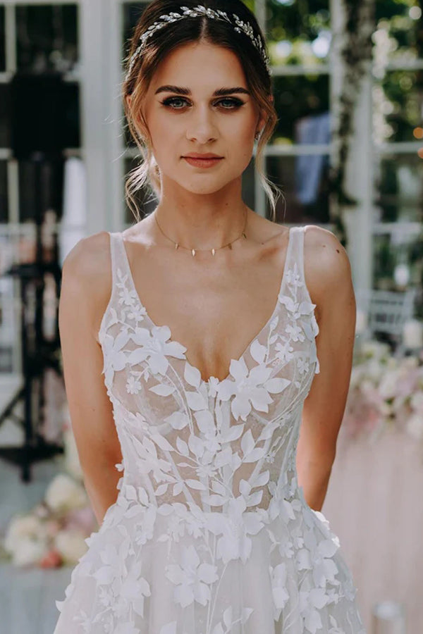 3D Floral Lace V Neck Floor Length Bohemian Wedding Dress