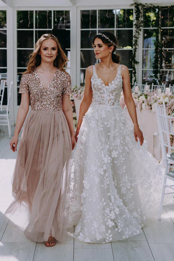 3D Floral Lace V Neck Floor Length Bohemian Wedding Dress