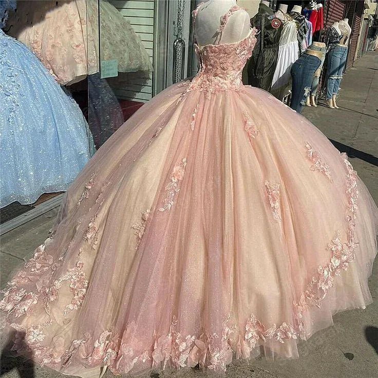Vestidos cor-de-rosa cintilantes para Quinceañera e Baile de Finalistas, renda com flor, doce 16, saia de tule para festa, vestido de baile Y57
