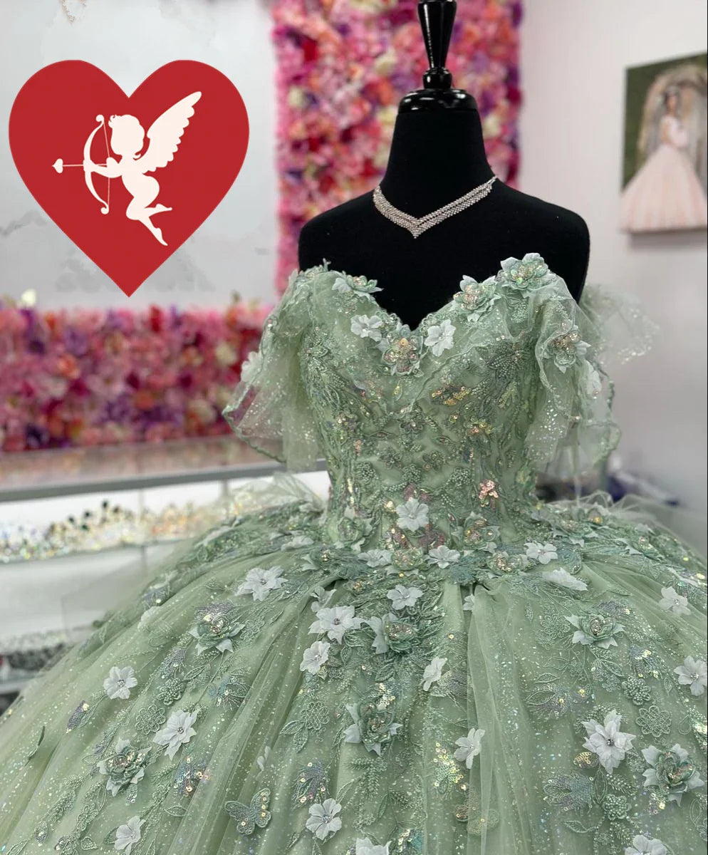 Vestidos Verde-Sálvia para Quinceanera com Flores 3D Vestido de Baile Doce 15 Anos Y2614