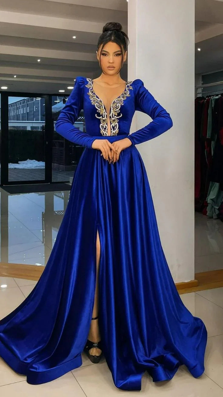Vestidos de Noche de Manga Larga Azul Real Línea A Caftán Arabia Saudita Vestidos de Gala con Abertura Lateral Vestidos para Ocasiones Y4938