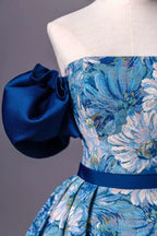 Blue Printed Long A-Line Prom Dress Blue Off the Shoulder Formal Evening Dress Y4605