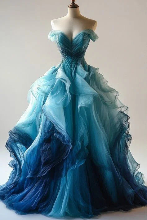 Luxury Ombre Blue Organza Evening Dress A Line Off The Shoulder Prom Dress Y8368