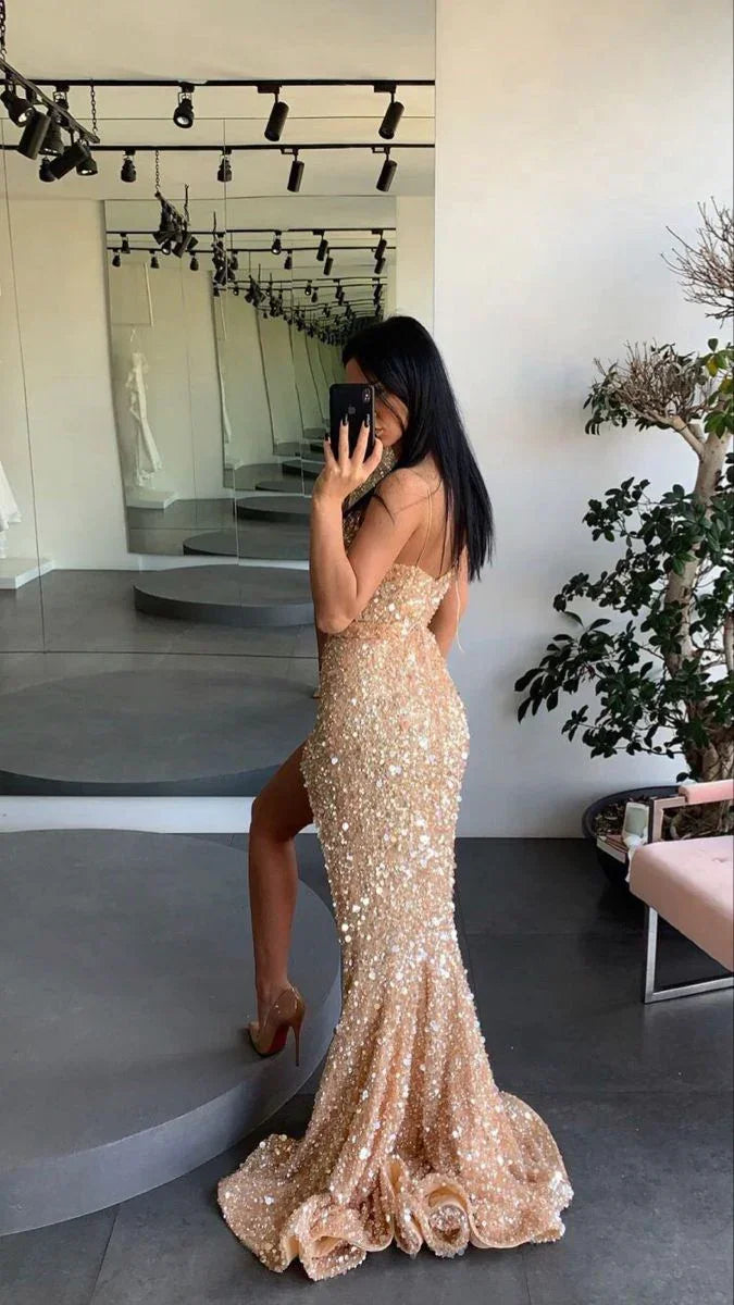 Goldenes Verlobungskleid mit Spaghettiträgern, Ballkleid mit Beinschlitz, Paillettenabendkleid Y71