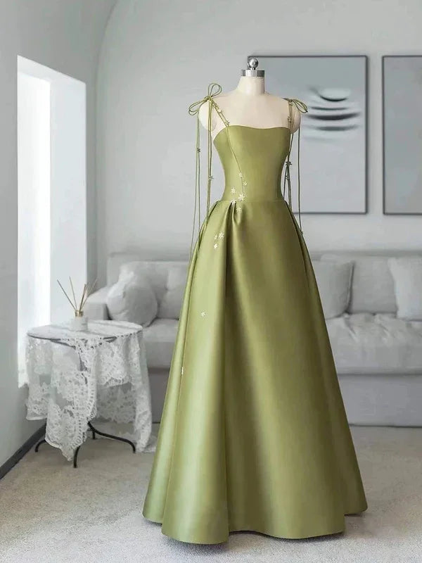 Vestido de fiesta largo hasta el suelo de satén con tirantes finos, corte en línea A, sencillo Y7011
