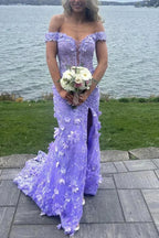 Vestido de Baile Sereia com Aplicações de Renda, Decote em V e Ombros Descobertos, Fenda, para Aniversário e Noite Y7934