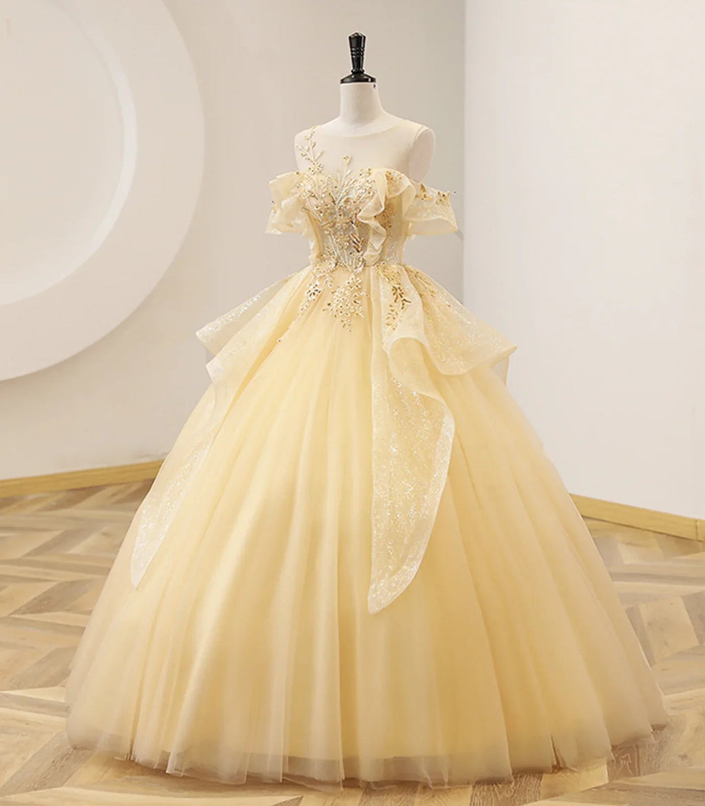 Vestido Amarelo de Baile com Contas, Vestido Doce 16 Amarelo Longo Formal Y4045