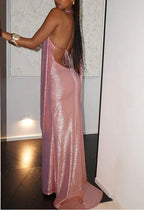 Vestido de Festa Sexy Rosa com Decote Halter e Costas Nuas, Vestido Formal de Baile Y8166