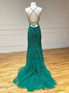 Backless Green Mermaid Lace Prom Dresses, Open Back Green Lace Mermaid Formal Evening Dresses Y1365