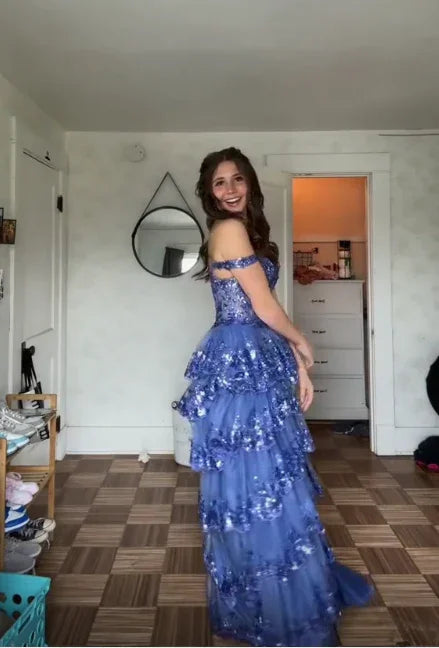 Vestido de noite formal com folhos em tule azul cintilante e lantejoulas, com racha, para baile Y7961