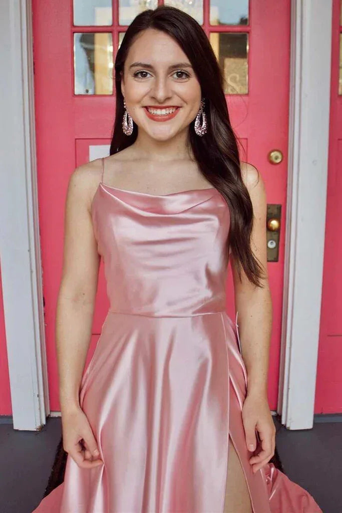 Robe de bal longue en satin rose simple avec fente haute, robe de soirée formelle longue rose pour la remise des diplômes Y212
