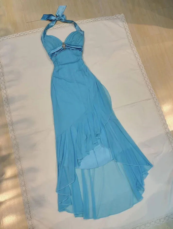 Charming Blue Halter Chiffon Sequins Prom Dress Ruffles Mermaid Party Evening Dress Y8067