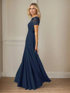 Dark Navy A-Line Boatneck Sequins Chiffon Dress
