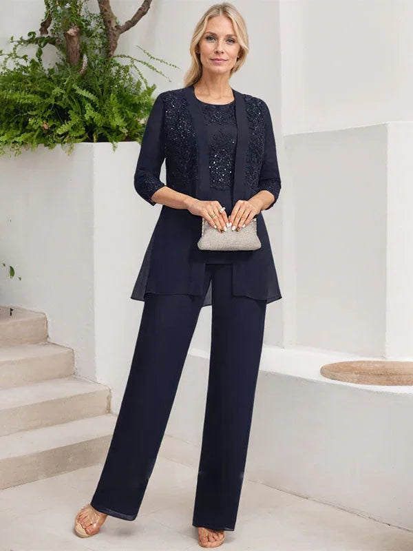 Tuta/Pantaloni Separati con Scollo a U, Lunghezza a Terra, in Chiffon e Pizzo, Abito per Madre della Sposa con Paillettes
