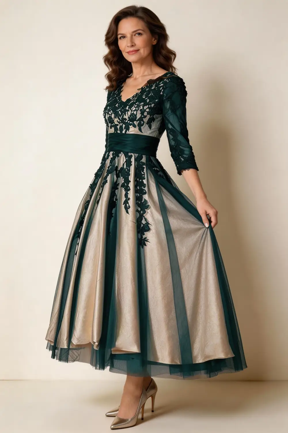 Elegant Dark Green Lace Appliqué Champagne Satin Mother of the Bride Dress by tangjianjun
