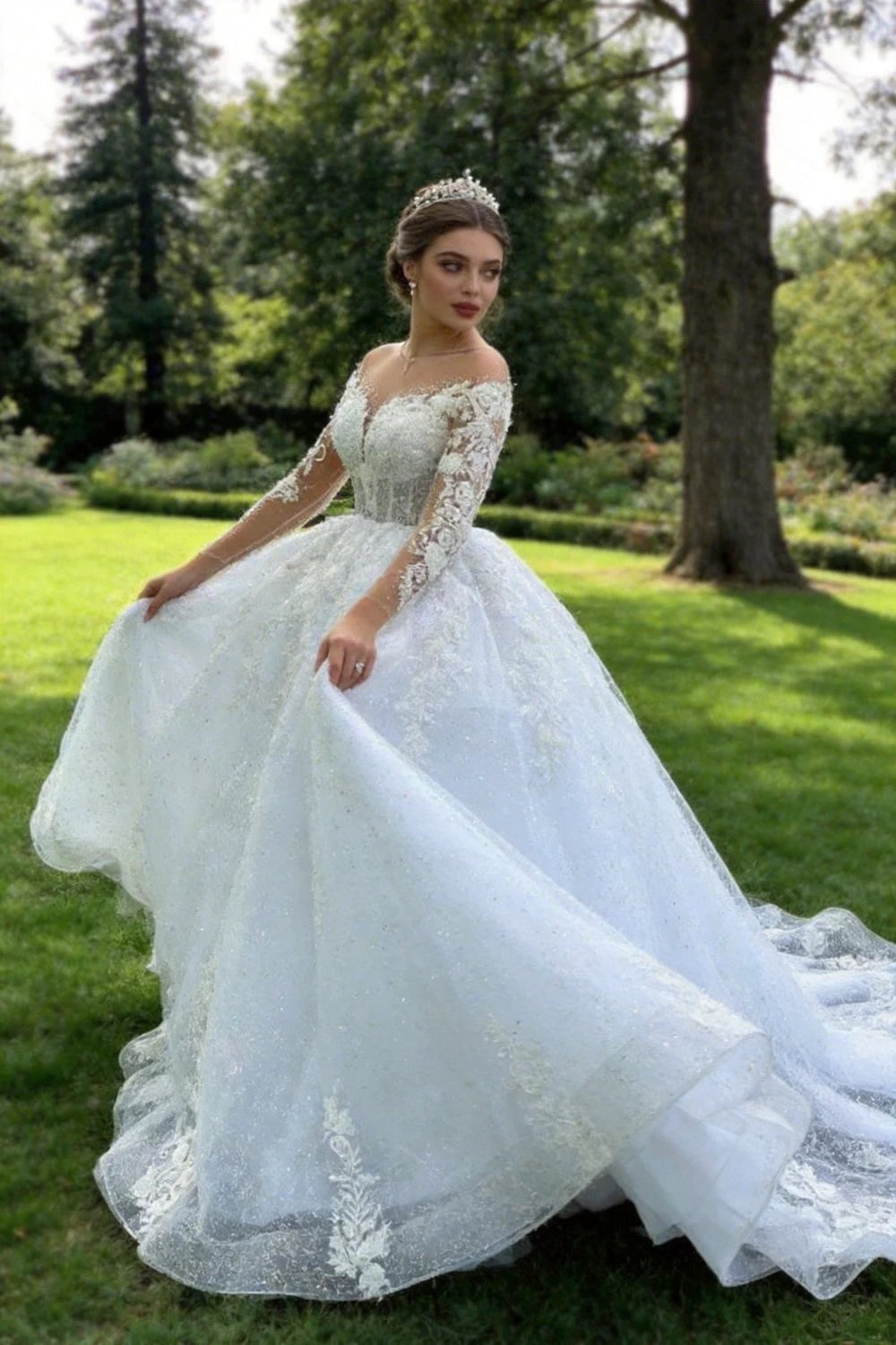 2025 Luxury Muslim Wedding Dress Women's Elegant Long Sleeve Lace Applique A-line Dress Beach Wedding Princess Party O-Neck Brid WD001 by payinti