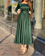 Vestido de cerimónia verde com decote quadrado simples e corte evasê, Vestido de noite verde Y5553