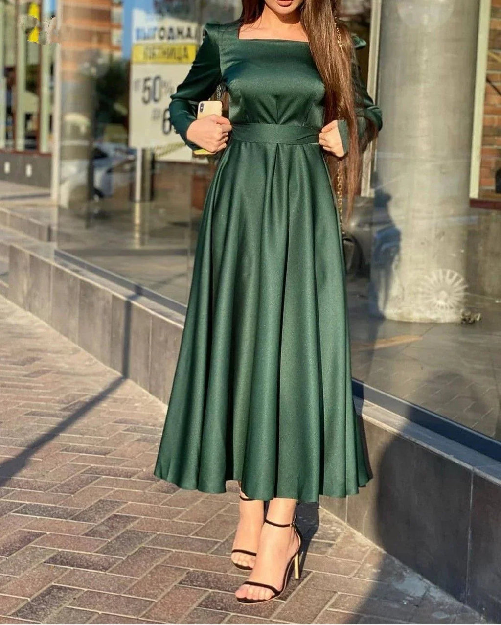 Vestido de cerimónia verde com decote quadrado simples e corte evasê, Vestido de noite verde Y5553
