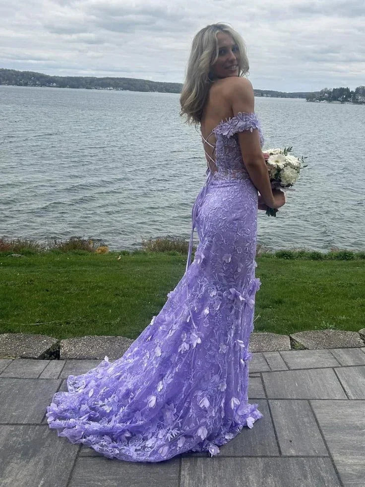Vestido de Baile Sereia com Aplicações de Renda, Decote em V e Ombros Descobertos, Fenda, para Aniversário e Noite Y7934