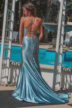 Impresionante vestido de fiesta largo plateado de sirena