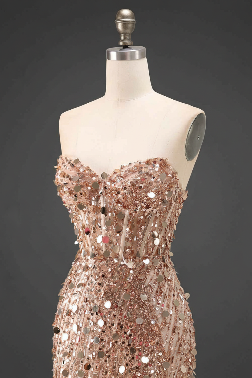 Sparkly Gold Mermaid Sequins Sweetheart Long Corset Prom Dress with Slit