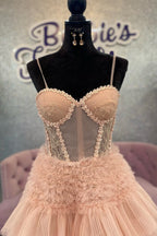 Blushing Pink Tulle Ruffle Layers Lace-Up Back A-Line Prom Dress